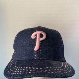 New Era Philadelphia Phillies Pink Logo Cap Hat Fitted Denim Blue Women’s Size 7